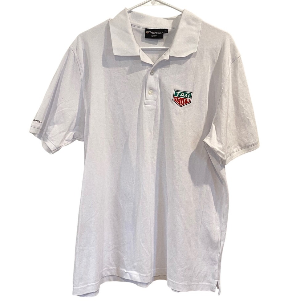 TAG Heuer Watch Mens Large White Cotton Pique Polo Shirt Logo Embroidered